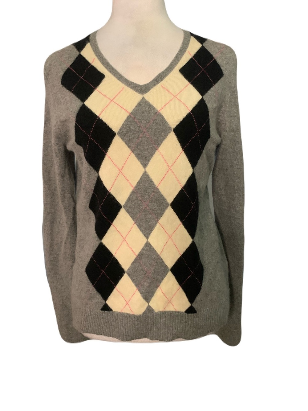 Brooks Brothers Women’s Large Classic Gray Argyle V-Neck 100% Cashmere Sweater